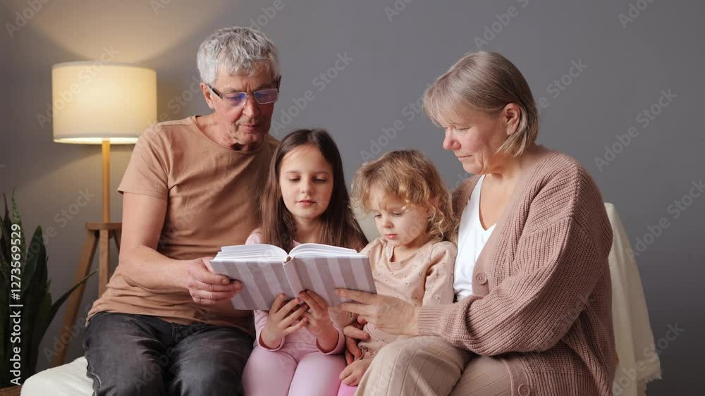 A warm gathering featuring grandparents reading a story to their grandchildren in a comfortable living room. The soft lighting enhances the bonding and shared joy of the moment A warm gathering featuring grandparents reading a story to their grandchildren in a comfortable living room. The soft lighting enhances the bonding and shared joy of the moment