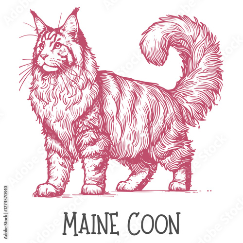 A detailed hand-drawn illustration of a Maine Coon cat with long fur and playful expression