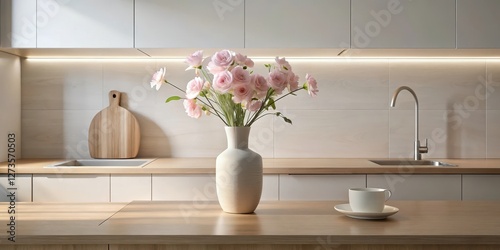 Peaceful kitchen interior with light wood surfaces, a vase of delicate pink flowers, and a simple white teacup