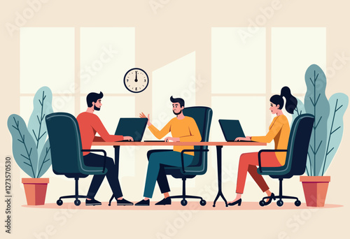 Three people are working on their laptops in an office setting, with a clock on the wall and potted plants in the background. Flat vector illustration