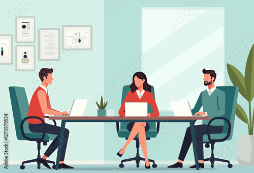 Three people are sitting at a conference table, each working on their laptop. Flat vector illustration