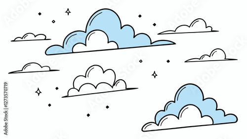Minimal cloud doodles with whimsical shapes and subtle star details in a light cartoon style
