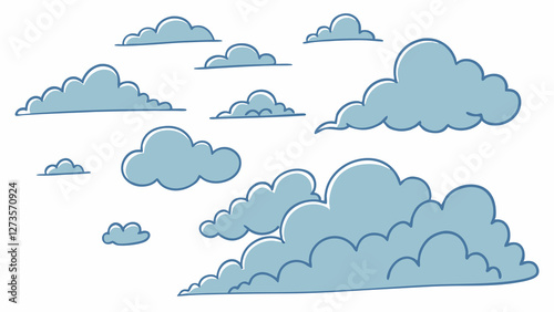 Hand-drawn fluffy cloud collection in soft blue with simple line art style and airy aesthetic
