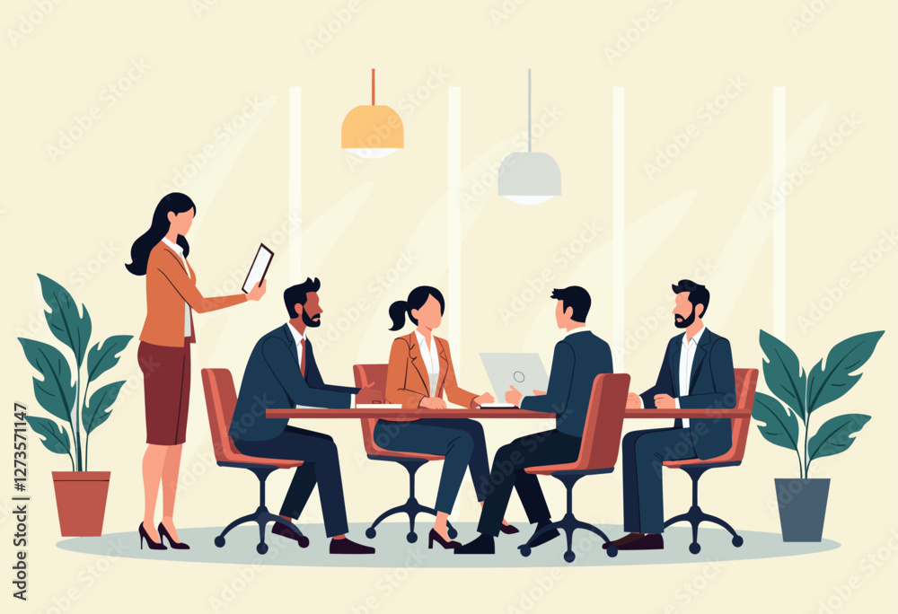 In the image, a group of people are gathered around a table in a meeting room, engaged in a discussion or working on a project. Flat vector illustration In the image, a group of people are gathered around a table in a meeting room, engaged in a discussion or working on a project. Flat vector illustration