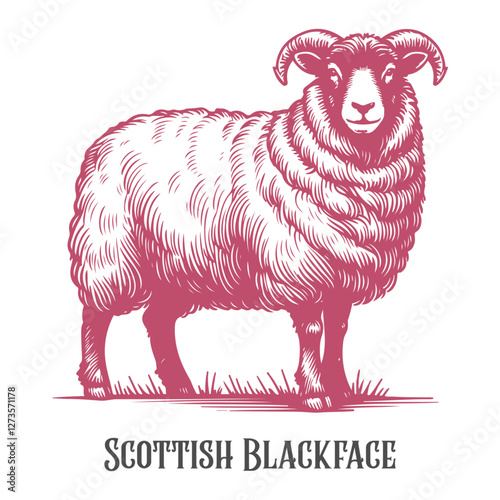 A hand-drawn illustration of a Scottish Blackface sheep with distinctive black markings and thick wool