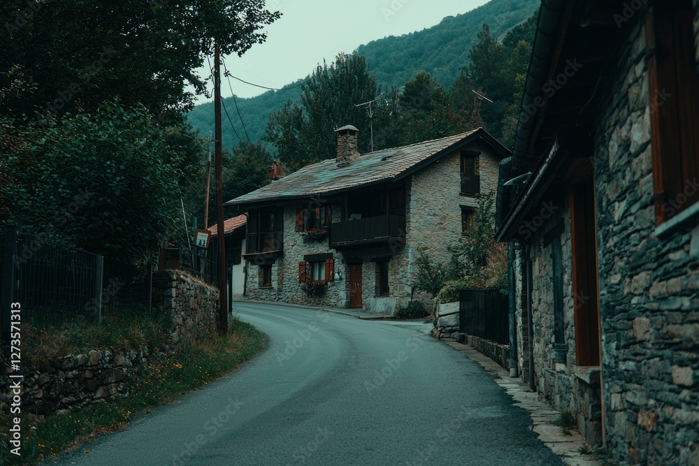 Scenic village road with stone houses winding through mountains for travel blogs Scenic village road with stone houses winding through mountains for travel blogs
