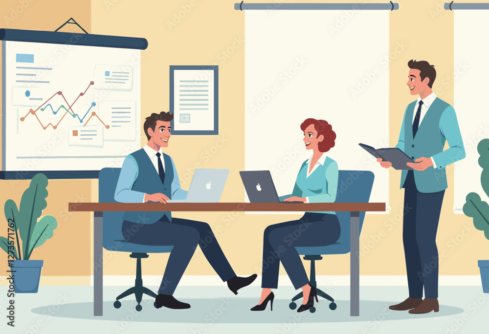 Three people are working in an office, with two sitting at a table using laptops and one standing, holding a folder. Flat vector illustration Three people are working in an office, with two sitting at a table using laptops and one standing, holding a folder. Flat vector illustration