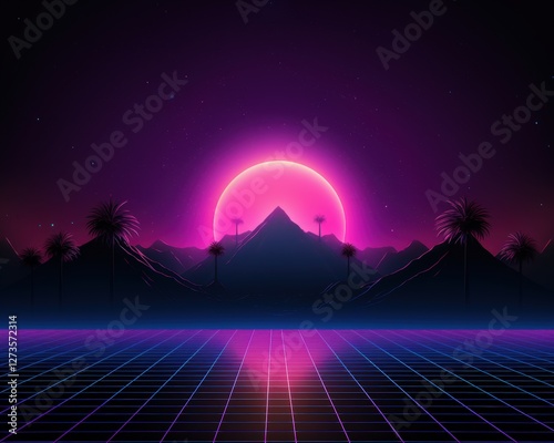 Sci-fi landscape with setting sun over mountains in neon glow and grid background, futuristic design
