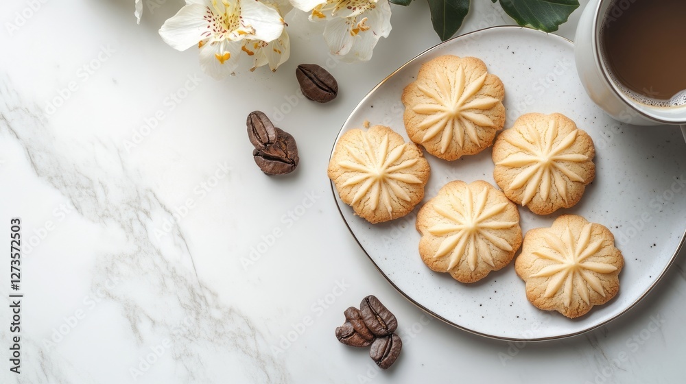 Fototapeta premium Traditional cookies served with a cup of coffee on a white marble background for Eid.
