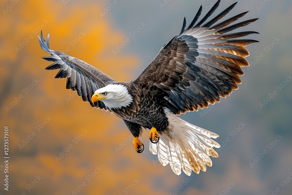 Fototapeta premium Majestic Bald Eagle in Flight Soaring Above Autumn Hues