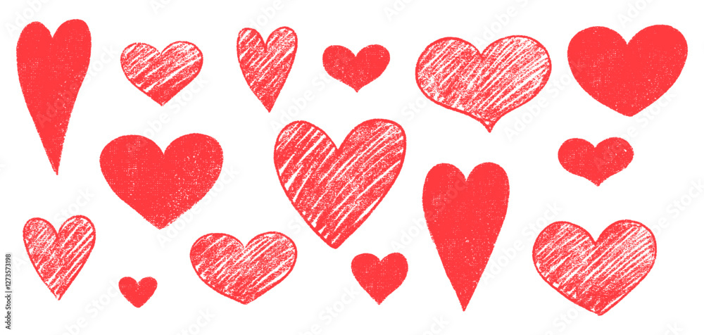 Vector Red Hearts Crayon Sketch Set Illustration. Chalk Love Symbol Doodle Shapes