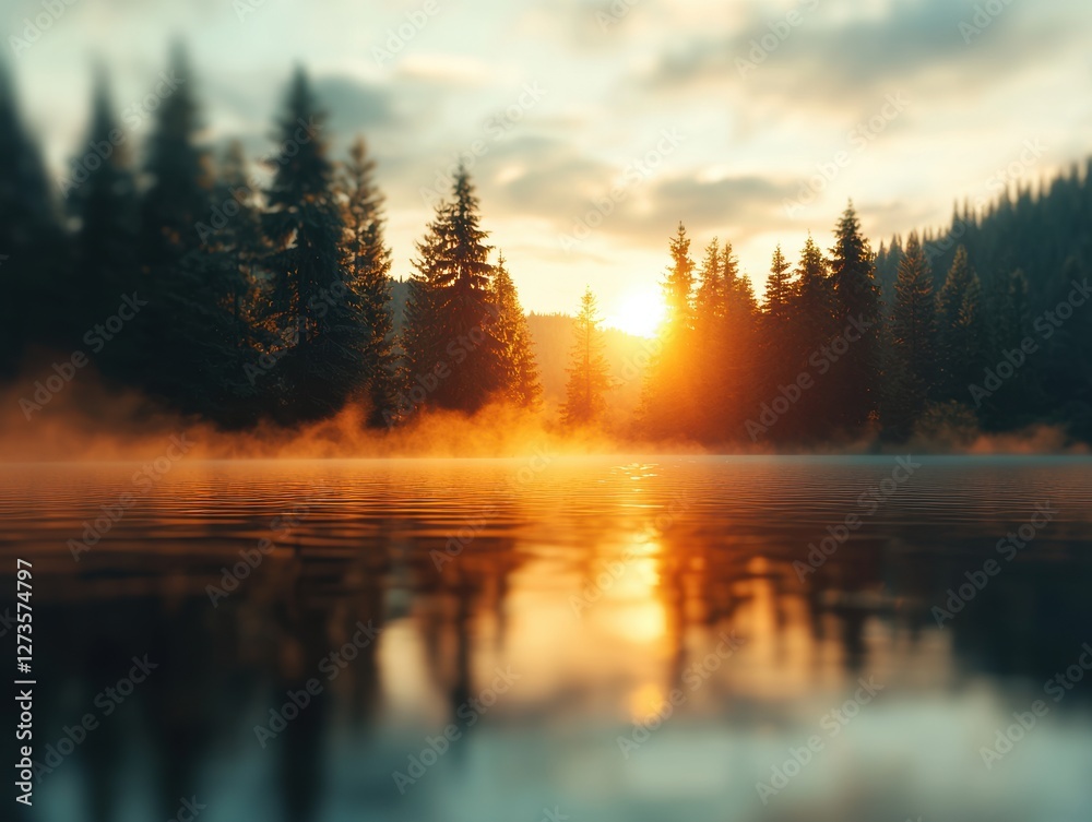 Obraz premium Serene sunset over misty forest and calm water surface.