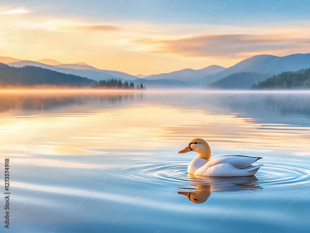 Fototapeta premium Serene lake scene with a swan at sunrise.
