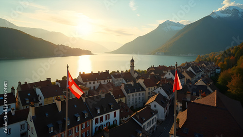 Breathtaking Aerial View of Neuchâtel, Switzerland at Sunset – Stunning Lake & Mountain Scenery.