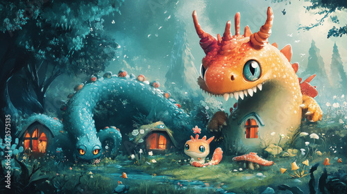 Kids imagination, fantasy world cartoon vector illustrations set. Children and cute monsters. Little boy, girls imagine magical fairytale creatures, riding dragon. Magical dreams, imaginable animals.