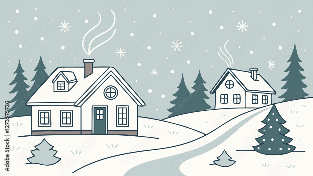 Fototapeta premium Charming winter landscape featuring snow-covered houses and trees, with gentle snowfall and serene, pastel backgrounds, perfect for seasonal designs