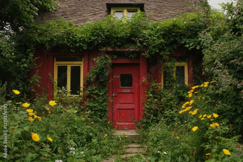 Red house exterior, flower garden blooming. Ivy on cottage. Nature growing wild Red house exterior, flower garden blooming. Ivy on cottage. Nature growing wild