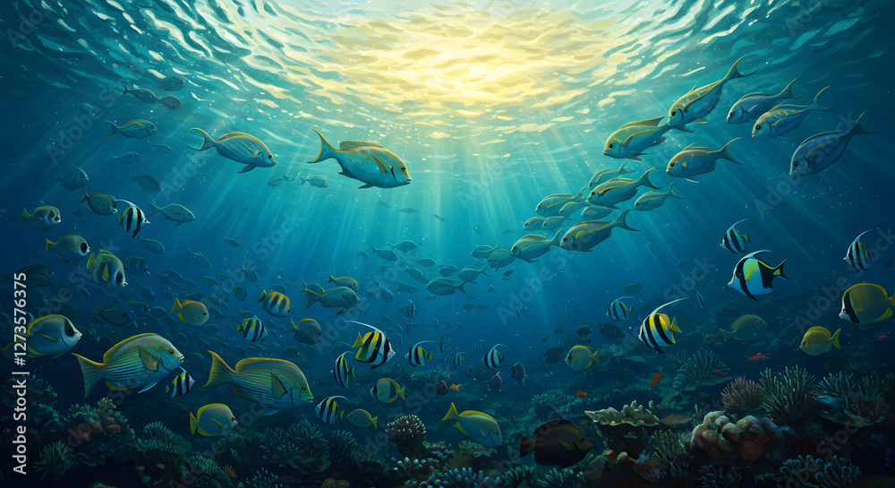 Fototapeta premium Large School of Fish Swimming in the Ocean – Underwater Wildlife