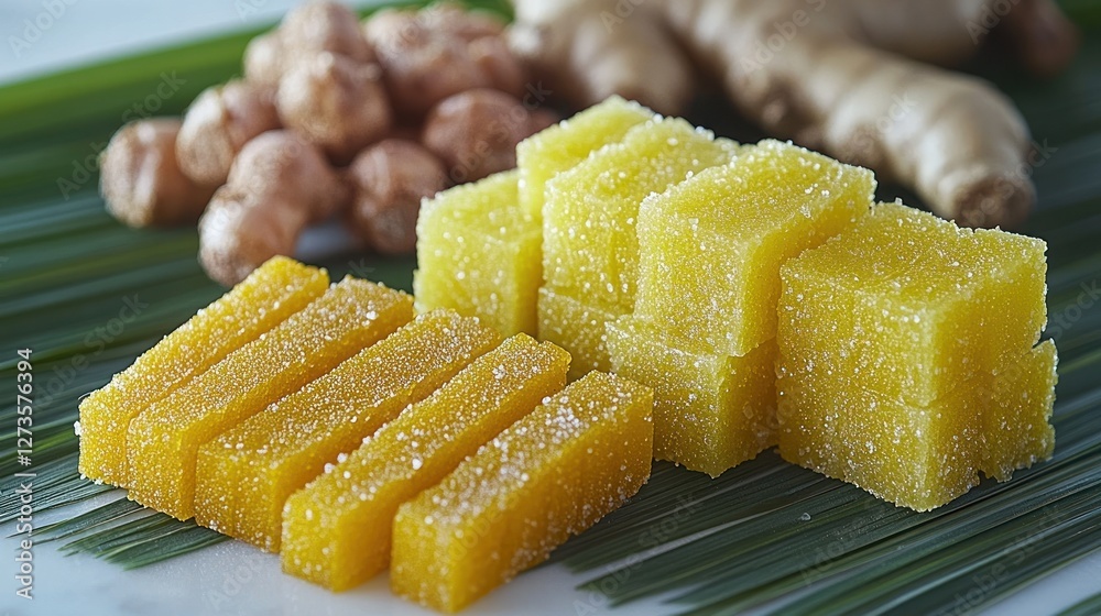 Sweet yellow treats, ginger, and palm leaf display Sweet yellow treats, ginger, and palm leaf display