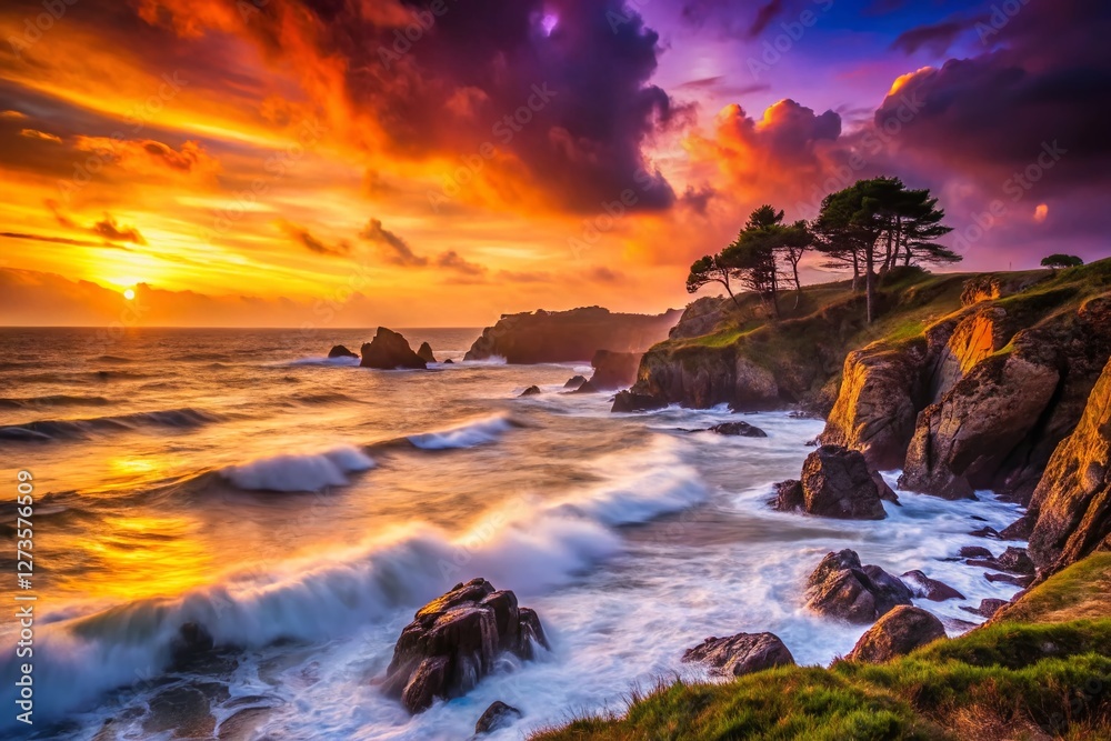 Brittany Coast Silhouette, Saint-Nic, France: Dramatic Sunset Over the Ocean Brittany Coast Silhouette, Saint-Nic, France: Dramatic Sunset Over the Ocean