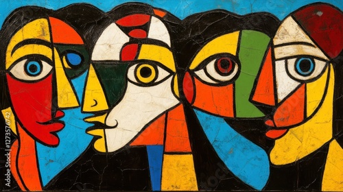 Abstract painting depicts four faces with cubist inspired color blocks