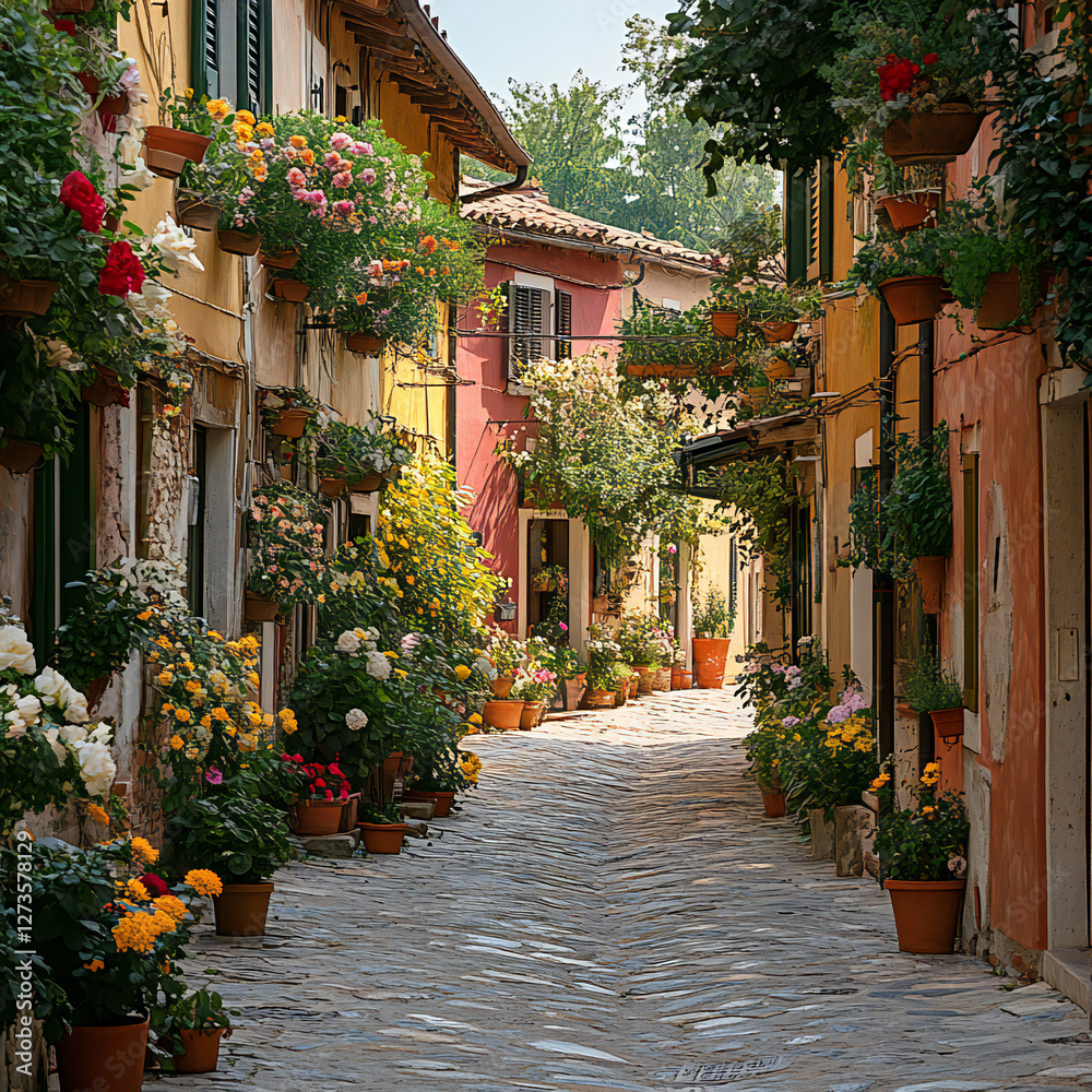 Naklejka premium A quiet street in a historic part of the city, with narrow alleys, charming architecture, and flower pots hanging from windows