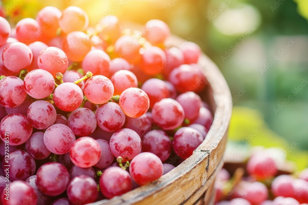 Ripe red grapes in a wooden basket, sunny vineyard harvest, food ingredient