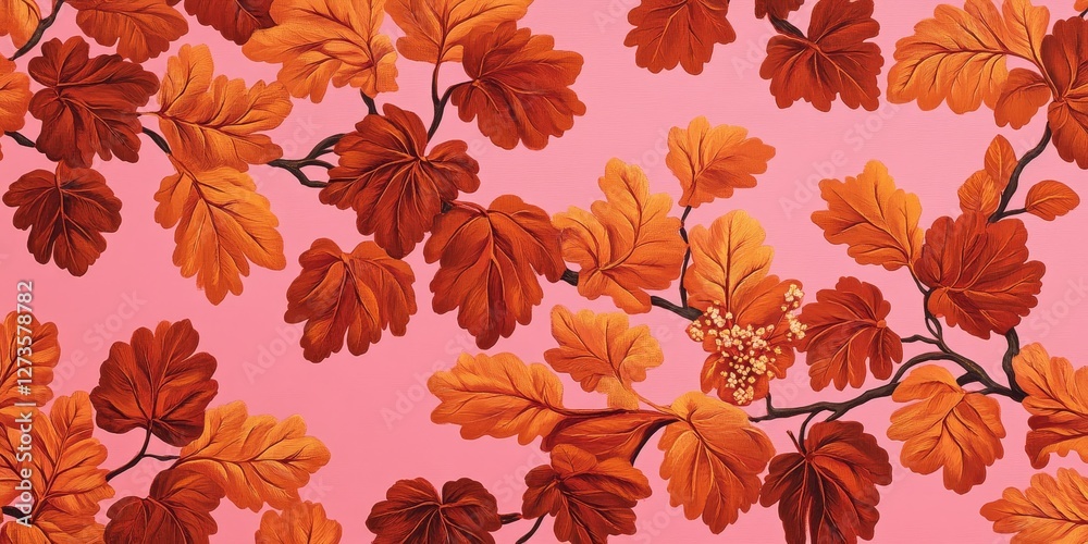 Vibrant pink sky envelops uniquely textured, symmetrical orange leaves in rich hues, crafting an enchanting, balanced tableau of nature's artistry Vibrant pink sky envelops uniquely textured, symmetrical orange leaves in rich hues, crafting an enchanting, balanced tableau of nature's artistry