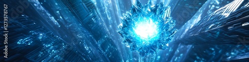 A crystalline energy core suspended in a glowing oceanic cavern channeling radiant blue energy through submerged futuristic skyscrapers