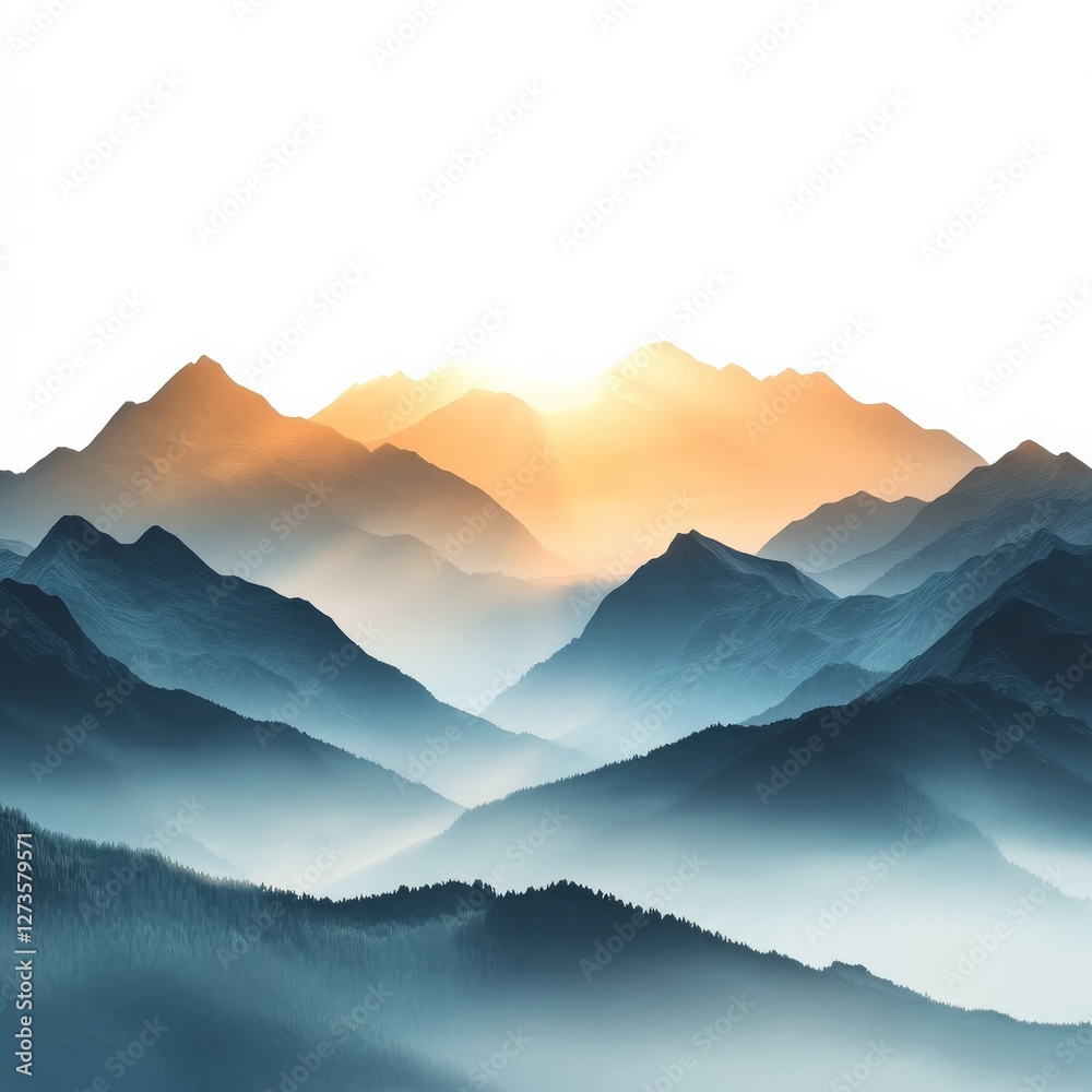 Obraz premium Misty Mountain Majesty: Layers of Blue Ridges Fade into a Golden Sunrise, an Ethereal Landscape