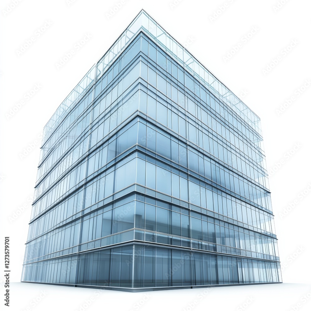 Modern Glass Architecture: A Low-Angle View of a Contemporary Office Building in Pale Blue Tones Modern Glass Architecture: A Low-Angle View of a Contemporary Office Building in Pale Blue Tones