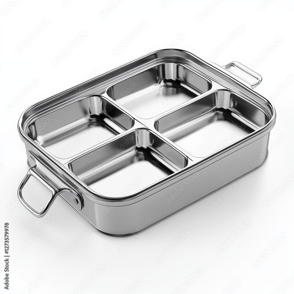Shiny Stainless Steel Lunch Box with Four Compartments and Handles on a White Background Shiny Stainless Steel Lunch Box with Four Compartments and Handles on a White Background