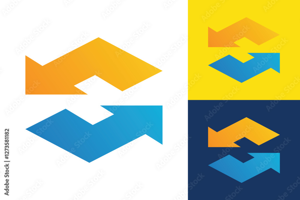 The image shows a flat logo design of two circular arrows in blue and orange color that looks clean and sharp on a white background. The image shows a flat logo design of two circular arrows in blue and orange color that looks clean and sharp on a white background.