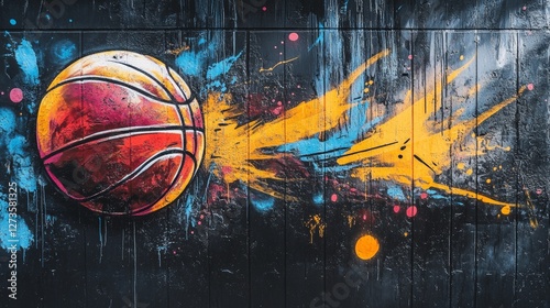 Street art artistic image of basketball graffiti, sport elements, black background