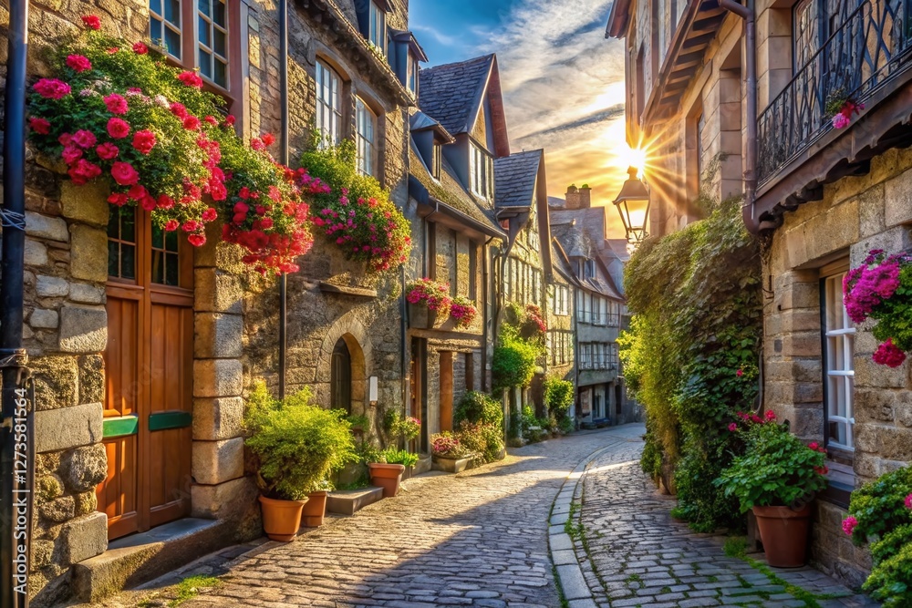 Charming Dinan Streets: Cobblestone Alleyway and Medieval Architecture in Brittany, France Charming Dinan Streets: Cobblestone Alleyway and Medieval Architecture in Brittany, France
