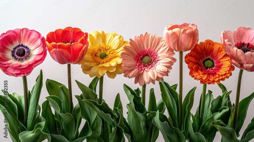 Fototapeta premium Colorful spring flowers in a row against a light background