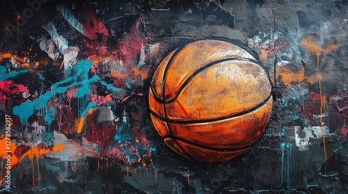 Fototapeta Naklejka Na Ścianę i Meble -  Street art artistic image of basketball graffiti, sport elements, black background
