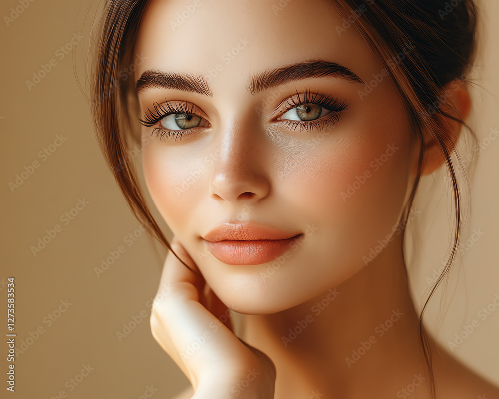 Naklejka premium A close-up portrait of a beautiful young woman with soft features.