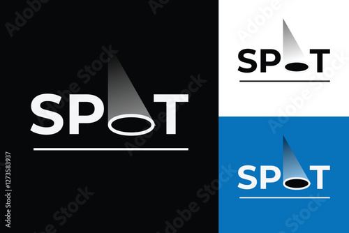 
The image shows a logo design of a word mark SPOT with a spotlight on the letter O in white color that looks clean on a black background
