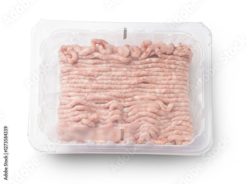 Minced meat in plastic packaging isolated on transparent background