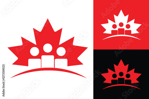 The image shows a logo design of a three abstract people on a Canadian maple leaf in red and white color that looks clean and fresh on a white background