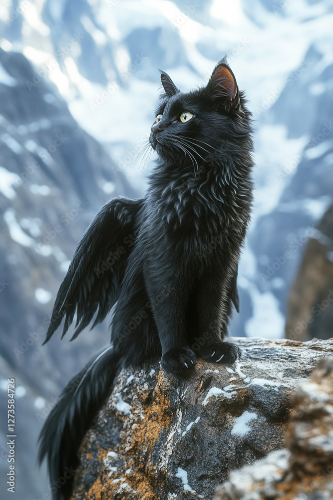 Enchanting black cat with wings perched on a rock in a snowy mountain landscape Enchanting black cat with wings perched on a rock in a snowy mountain landscape