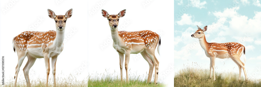 Set of a deer standing in a grassy field, European fallow deer female isolated on a transparent background Set of a deer standing in a grassy field, European fallow deer female isolated on a transparent background