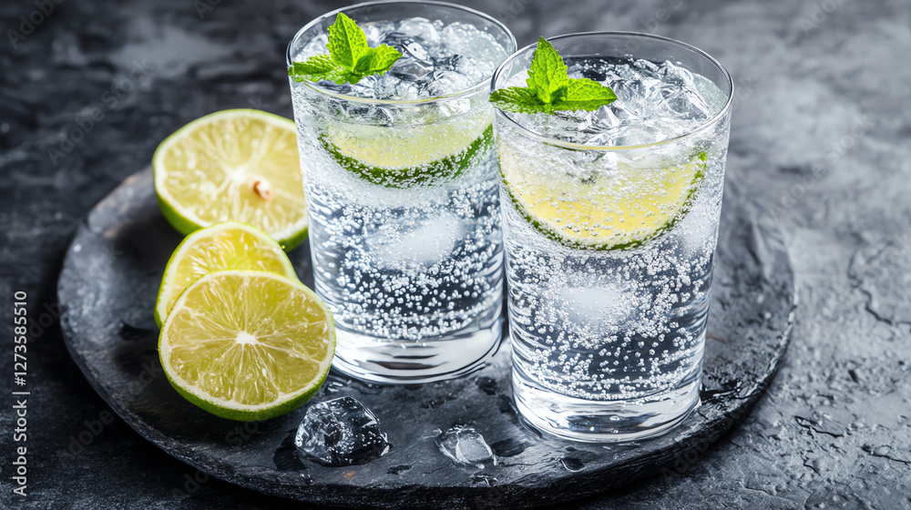 Fototapeta premium Refreshing lime drink with mint served on a rustic slate.