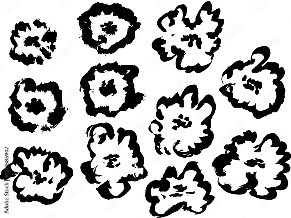 Grunge Flowers ink brush strokes. Flower abstract hand drawn brush ink stroke. Flower abstract hand drawn brush ink stroke. Vector illustration Grunge Flowers ink brush strokes. Flower abstract hand drawn brush ink stroke. Flower abstract hand drawn brush ink stroke. Vector illustration