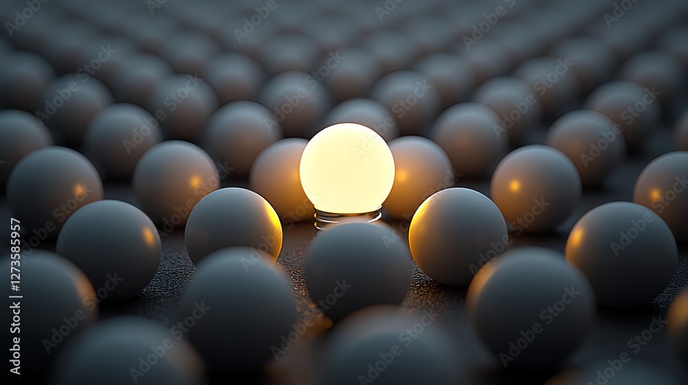 Obraz premium Illuminated sphere among a field of white spheres