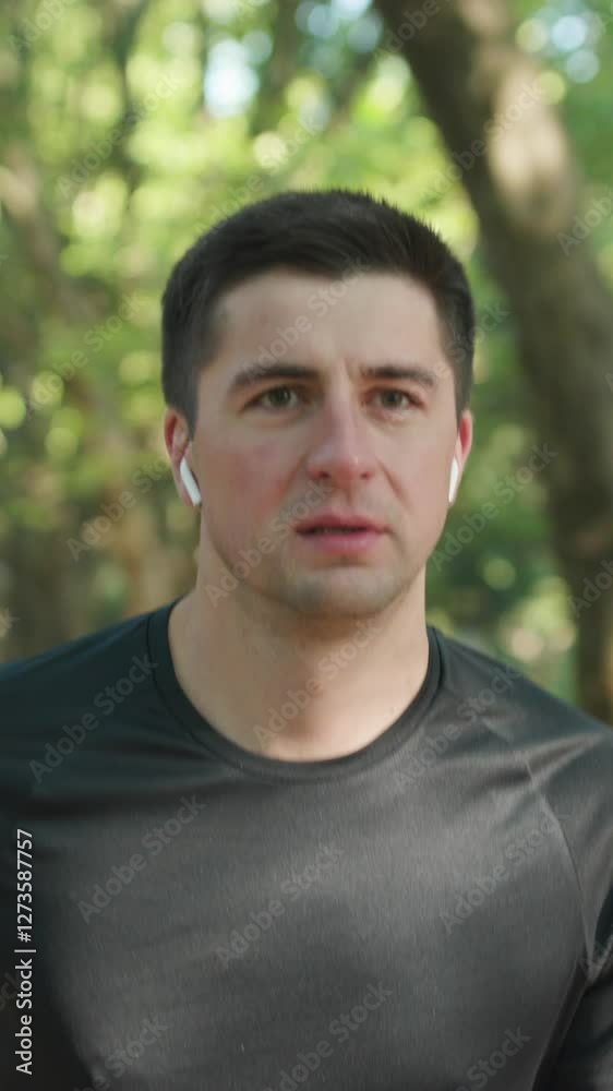 Vertical Video of man running in the city park using bluetooth earphones and smart watch app enjoying healthy active lifestyle. Male runner working out cardio exercise workout on summer setting sun. Vertical Video of man running in the city park using bluetooth earphones and smart watch app enjoying healthy active lifestyle. Male runner working out cardio exercise workout on summer setting sun.