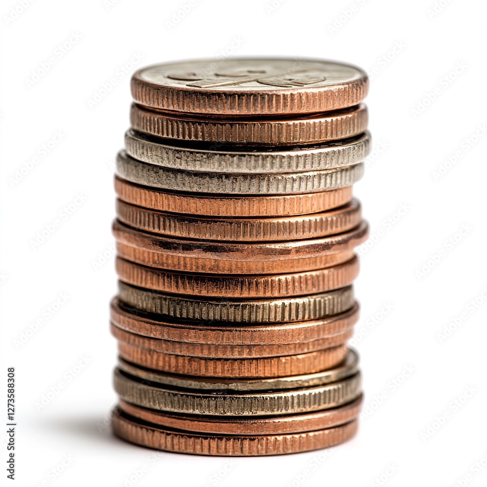 Two Stacks of Metal Coins and Loose Coins Scattered, Representing Savings, Financial Growth, and Wealth Accumulation Two Stacks of Metal Coins and Loose Coins Scattered, Representing Savings, Financial Growth, and Wealth Accumulation