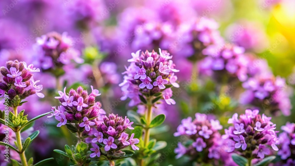 Close-up Portrait of Wild Thyme (Thymus pulegioides) Blooming in Natural Sunlight Close-up Portrait of Wild Thyme (Thymus pulegioides) Blooming in Natural Sunlight
