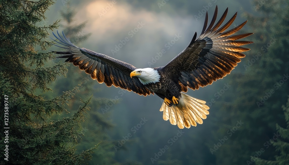 Obraz premium Majestic Bald Eagle Soaring Through Forest